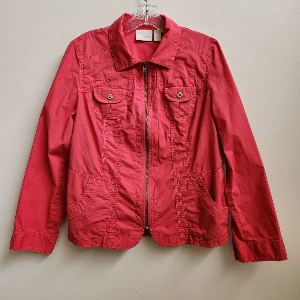 Chico's Jacket Women's Size 1 Solid Red Cotton Blend Full Zip Long Sleeve Casual